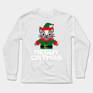 Meowy Catmas Cute Kawaii Cat Christmas Elf Santa's Little Helper Long Sleeve T-Shirt